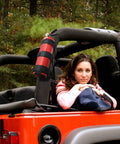 Jeep Fire Extinguisher Mount Holder With Roll Bar Strap Non Slip Carrier For Wrangler Third Party Accessory visible in vehicle