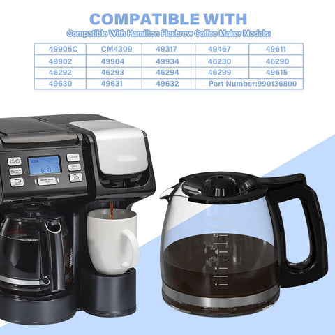 Replacement 12-cup coffee maker carafe for Hamilton Beach Flexbrew; clear glass with black handle.