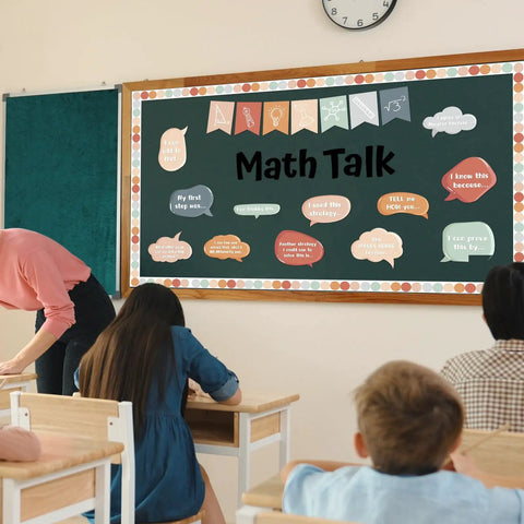 43 Pcs Math Talk Bulletin Board Set for Classrooms with Visual Cues and Sentence Starters in a classroom setting