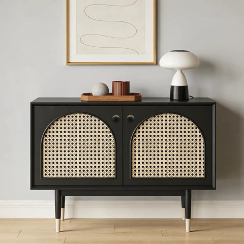 Black cabinet with rattan doors featuring black finish and 2 Pack Brass Cabinet Knobs And Pulls Set With Round Copper Base Vintage Hardware Handles.