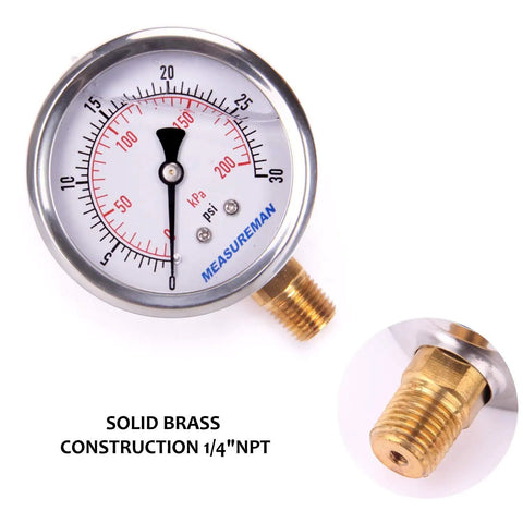 Glycerin Filled Two And A Half Inch Pressure Gauge Dual Scale 0 To 30 Psi And KPa 304 Stainless Steel Case One Quarter Inch NPT Lower Mount