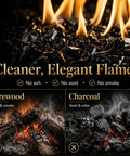 Onyx Black Fire Glass Rocks Half Inch High Luster Reflective Tempered Glass For Fire Pits And Fireplaces Indoors Or Outdoors Safe With Propane Or Natural Gas Burners 10 Pounds with flames above highlighting cleaner burn compared to firewood and charcoal.