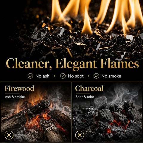 Onyx Black Fire Glass Rocks Half Inch High Luster Reflective Tempered Glass For Fire Pits And Fireplaces Indoors Or Outdoors Safe With Propane Or Natural Gas Burners 10 Pounds with flames above highlighting cleaner burn compared to firewood and charcoal.