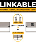 Under Cabinet Lighting Kit 24 Inch Satin Finish With 3 CCT Dimmable Options showing linkable features with jumper cable and connector.