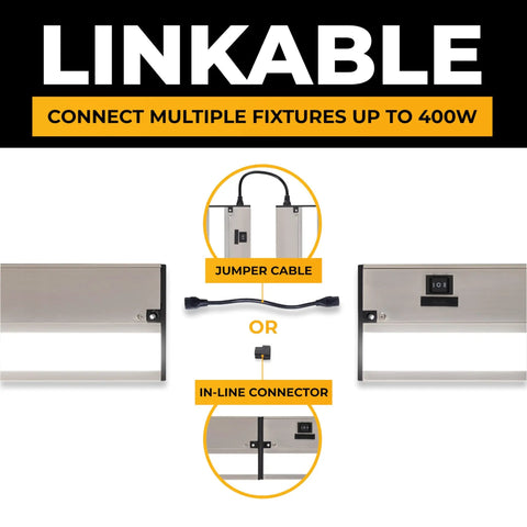 Under Cabinet Lighting Kit 24 Inch Satin Finish With 3 CCT Dimmable Options showing linkable features with jumper cable and connector.