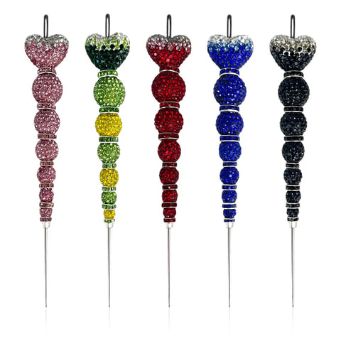 Five colorful Red Crystal Rhinestone Cake Decorating Scribers with heart tops for fondant and cookie detailing.