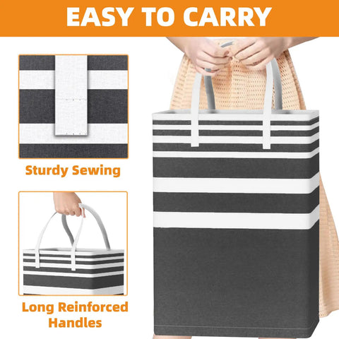 Three Pack 75L Collapsible Laundry Hamper Bins in Black, Waterproof with Extended Handles, Premium Cotton And Flax Fabric, showing reinforced handles and sturdy sewing.