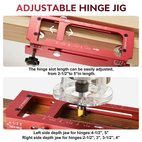 No Sweat Door Hinge Jig And Lock Installation Kit with adjustable hinge length from 2.5 to 5 inches, red aluminum design.