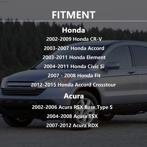 Side view of a Honda vehicle with a fitment list for VVT VTEC Solenoid Gasket Valve Cover Set 3 Piece for 2002-2015 models.