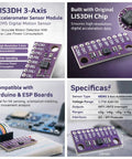 Six Pack LIS3DH 3 Axis MEMS Accelerometer Sensor Modules With I2C And SPI Interfaces, 1.71 To 3.6 V, High Resolution 3 Axis Acceleration, Selectable Ranges From 2G To 16G, Tilt And Motion Sensing For Robotics And IoT Projects. Purple LIS3DH accelerometer module with 28mm x 12mm board