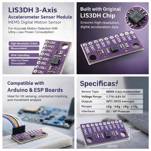 Six Pack LIS3DH 3 Axis MEMS Accelerometer Sensor Modules With I2C And SPI Interfaces, 1.71 To 3.6 V, High Resolution 3 Axis Acceleration, Selectable Ranges From 2G To 16G, Tilt And Motion Sensing For Robotics And IoT Projects. Purple LIS3DH accelerometer module with 28mm x 12mm board