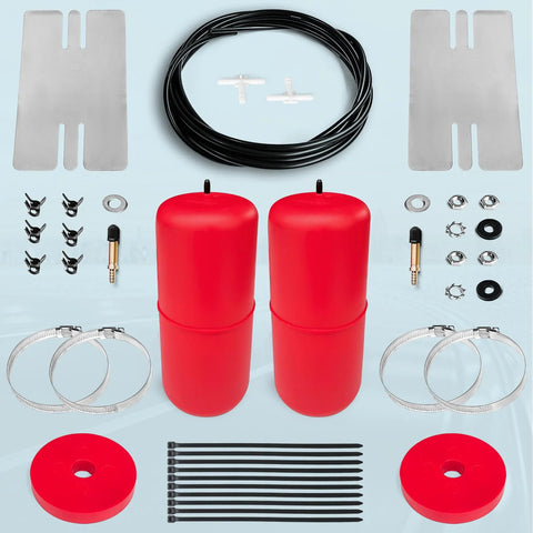 Top-down view of FLOVENTIS air suspension kit: two red air springs with hoses and mounting hardware for GM SUVs