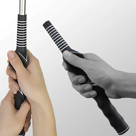 Hands holding 2 Pack Right Hand Golf Swing Training Grips For Beginners, ideal for kids and women for proper posture.