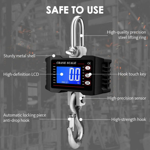 1000Kg Heavy Duty Crane Scale With Backlit LCD Digital Hanging Scale Data Hold Tare And Unit Switch Auto Off Aluminum
