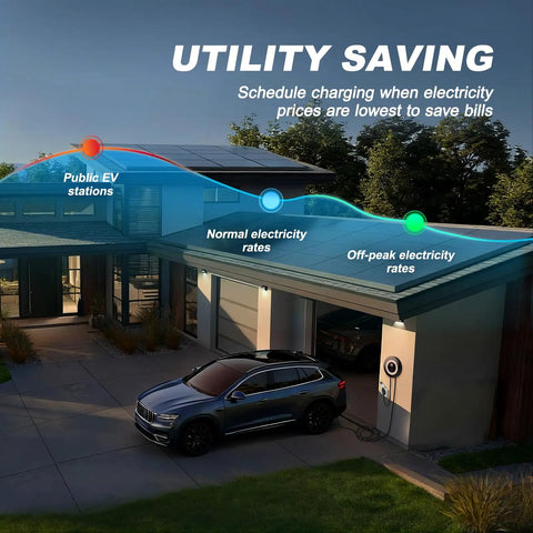 Level 2 EV Charger 40A 9.6kW Fast Wall Home Charging Station With NEMA 14-50 Plug on garage wall with charging car.