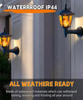 Four Pack Solar Flame Wall Lanterns Outdoor Lights Solar Powered No Wiring Needed Sconce LED Flickering Flame installed on wall