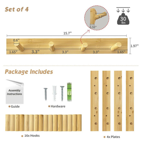 Natural Wood Wall Coat Rack Set Of 4 Wall Mount Hooks for Towels Hats Keys and Shoes with assembly hardware and instructions