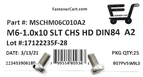 M6 x 10mm stainless steel slotted cheese head machine screws meeting Din 84 specs, A2-70 grade, 25-pack.
