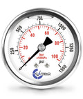 Glycerin Liquid Filled Pressure Gauge 1500 PSI Dual Scale PSI Bar 2.5 Inch Dial Back Mount Quarter Inch NPT 304 Stainless Steel Case