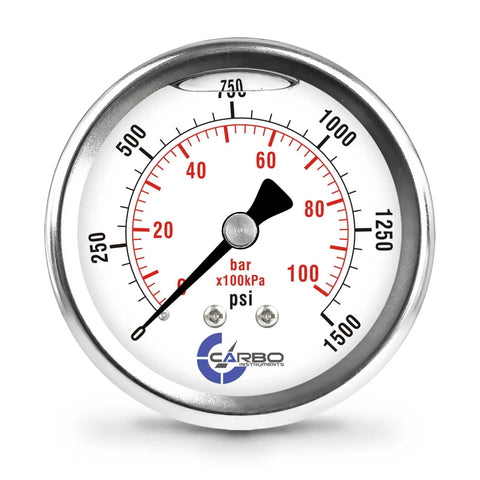 Glycerin Liquid Filled Pressure Gauge 1500 PSI Dual Scale PSI Bar 2.5 Inch Dial Back Mount Quarter Inch NPT 304 Stainless Steel Case