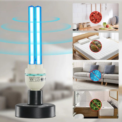 36 Watt UV Sanitizer Lamp With Remote Control Powerful UVC Light For Basement Bedroom Kitchen Office Car 110V Ozone Free Three Gear Timer Kills Germs Surfaces Quickly And Safely displayed with household germ examples