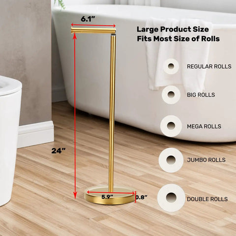 Freestanding Toilet Paper Holder Stand With Four Roll Reserve, Stainless Steel Brushed Gold Finish, 24-inch height, bathroom setting.