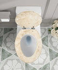 Toilet Seat Elongated for Bathroom Use, beige marble design, installed on toilet with floral patterned floor.