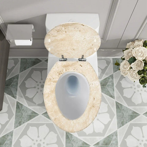 Toilet Seat Elongated for Bathroom Use, beige marble design, installed on toilet with floral patterned floor.