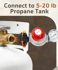 Propane gas regulator with gauge and red dial connected to tank via stainless braided hose (installed view)