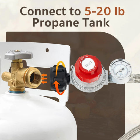 Propane gas regulator with gauge and red dial connected to tank via stainless braided hose (installed view)