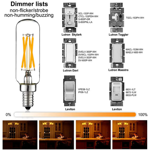 Dimmable E12 LED Bulb 6W Equiv To 60W Warm White 2700K T6 T25 with dimmer compatibility chart.