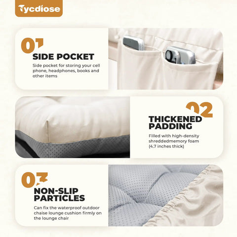 Details of Outdoor Lounge Chair Cushion Waterproof Replacement For Patio Furniture Thick 71 By 22 By 4.7 Inches showing side pocket, thickened padding, and non-slip particles.