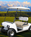 Universal Golf Cart Seat Covers With Thick Plush Cushion And Non Slip Backing Slick Khaki Look Designed For Ezgo Yamaha Club Car Two Seaters on a golf cart in scenic landscape.