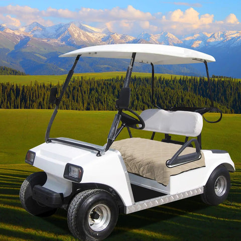 Universal Golf Cart Seat Covers With Thick Plush Cushion And Non Slip Backing Slick Khaki Look Designed For Ezgo Yamaha Club Car Two Seaters on a golf cart in scenic landscape.