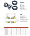 Rugged Dual Face Unbalanced Mechanical Seal Built With NBR Rubber Bellows And Tungsten Carbide Rings To Power Through Heavy Water And Sewage Pump Work On A Solid 90mm Bore. WM202 model with specifications and operating limits.
