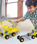 Child playing with 7 In 1 STEM Vehicle Kit For Kids Ages 8 9 10 11 12 Plus 180 Piece Construction Set For Building Forklift