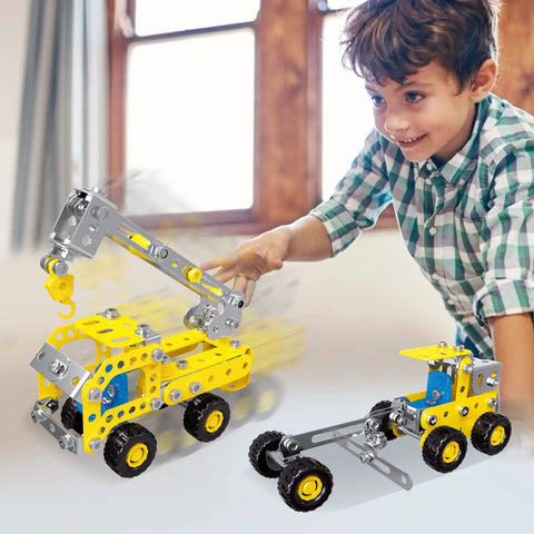 Child playing with 7 In 1 STEM Vehicle Kit For Kids Ages 8 9 10 11 12 Plus 180 Piece Construction Set For Building Forklift