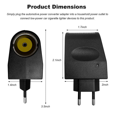 Product dimensions of No Brainer AC to DC Converter with 12 Volt Cigarette Lighter Socket Adapter, measuring 3.5x2x2.1 inches.