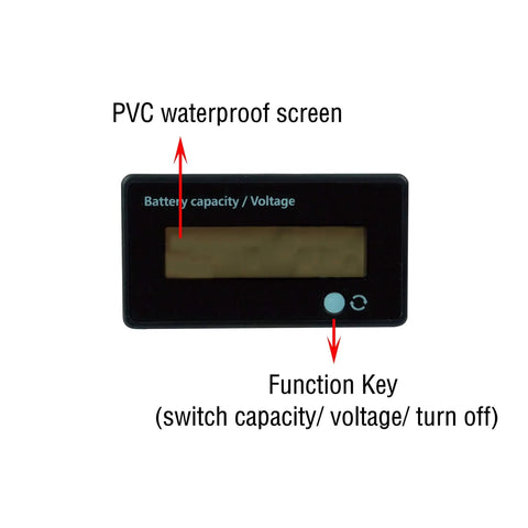 DC 12V 24V 36V 48V 72V Battery Meter And Capacity Voltage Monitor With 3 In 1 Function And Low Battery Alarm For Cars Boats RVs Trucks And Solar Setups Real Time Voltage And Capacity Readout, black PVC waterproof screen and function key
