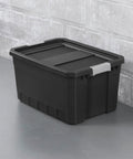 Front view of a Six-Pack 19 Gallon Stackable Totes For Home Organization, Rugged Black Plastic Storage Bins with Recessed Lids