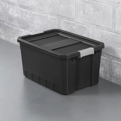 Front view of a Six-Pack 19 Gallon Stackable Totes For Home Organization, Rugged Black Plastic Storage Bins with Recessed Lids