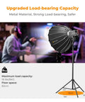 Heavy Duty Light Stand for Photography 9.1ft Extendable Tripod in studio with strobe light and softbox, supporting 8kg load