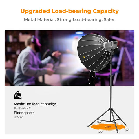 Heavy Duty Light Stand for Photography 9.1ft Extendable Tripod in studio with strobe light and softbox, supporting 8kg load
