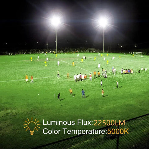 2 Pack 200W LED Flood Light With 22500 Lumens, IP66 Waterproof Outdoor Floodlights illuminating a soccer field at night