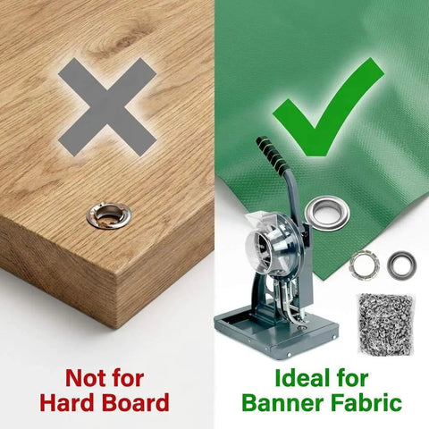 Semi Automatic Grommet Machine Heavy Duty Hand Press shown with grommets on fabric, not suitable for hard board.