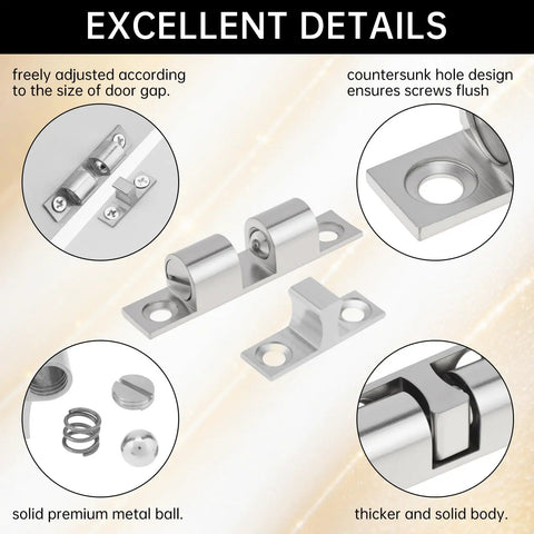 Detailed features of 12 Pack Heavy Duty Double Ball Tension Roller Cabinet Catch Latch For Cabinets And Furniture Doors 60mm Solid Brass Closet Door Hardware with screws and tape, silver finish, showing metal parts and adjustments.