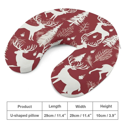 Cozy Christmas Deer Travel Neck Pillow With Memory Foam U Shape Support, red with white deer print, 29cm x 29cm x 10cm