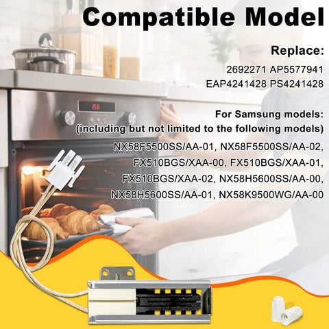 Flat Oven Igniter Replacement For Samsung Gas Range Oven DG94 00520A with connector, wire nuts, and brackets visible