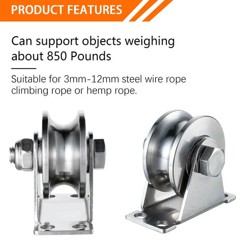 Stainless Steel Cable Pulley Wheel With Duplex Bearings For Gym Equipment And Sliding Gates, side and front view 850 lb capacity
