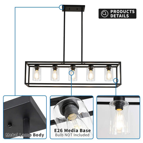 Product details of Five Light Farmhouse Kitchen Pendant Light in black industrial rectangular frame with clear glass shades.